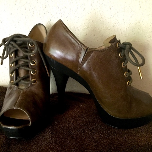 Michael Kors Booties Womens 7M Oxford Stiletto Heels Brown Leather Peep Toe - Picture 1 of 5